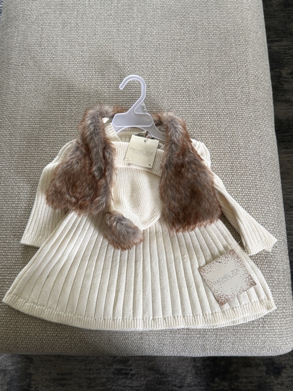 Rachel Zoe Cream Ribbed Knit Dress with Brown Faux Fur vest and matching hat